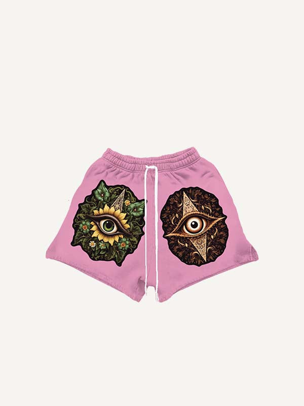 Eye&Floral&Graphic Print Drawstring Waist Shorts