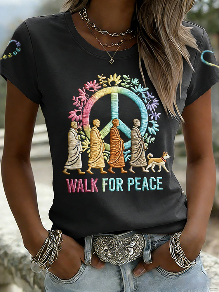 Retro Walk For Peace Monks With Aloka Dog Print T-shirt
