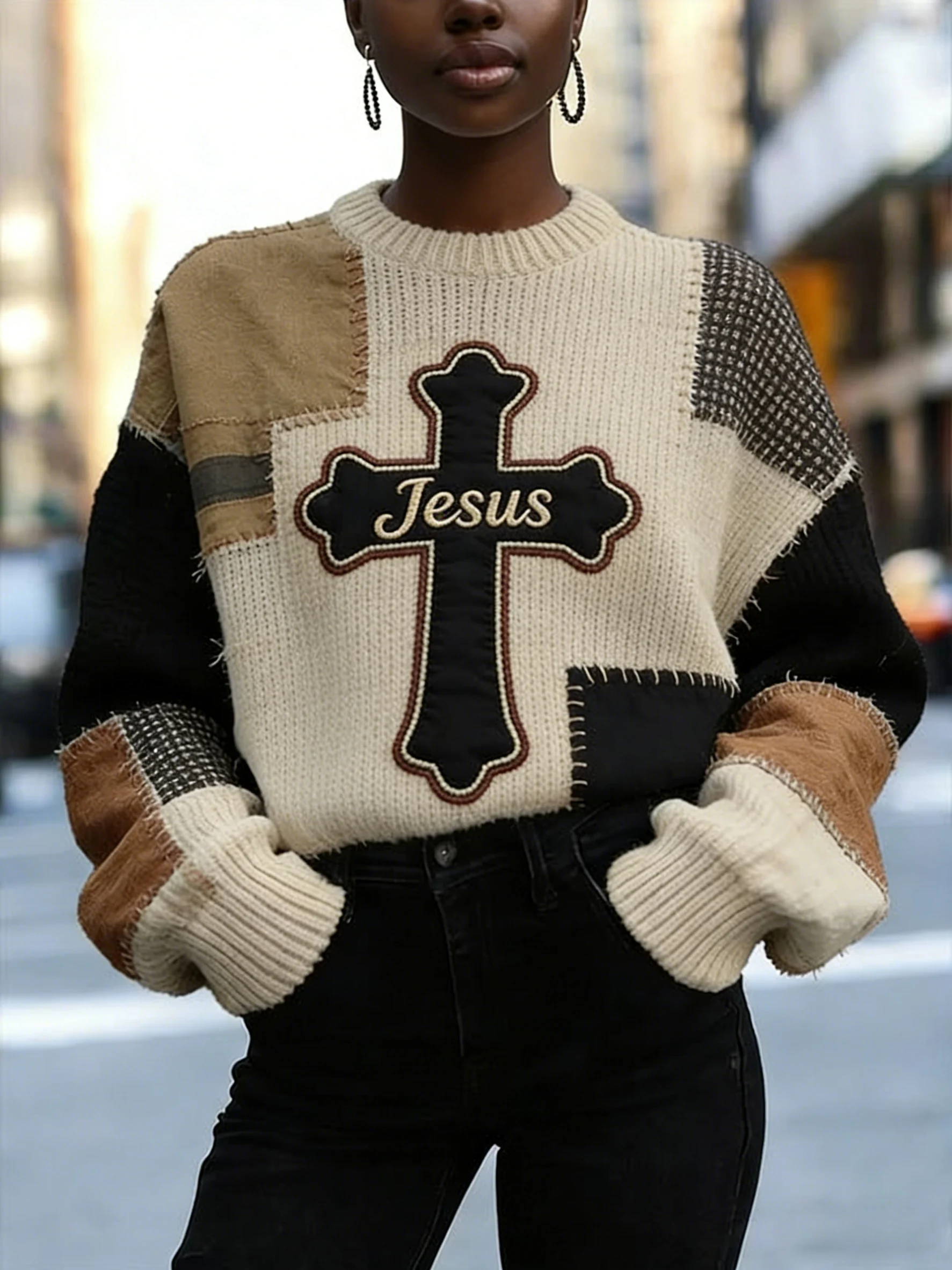 Women's Jesus Faith Cross Geometric Color Block Print Casual Sweatshirt-Fast Shipping