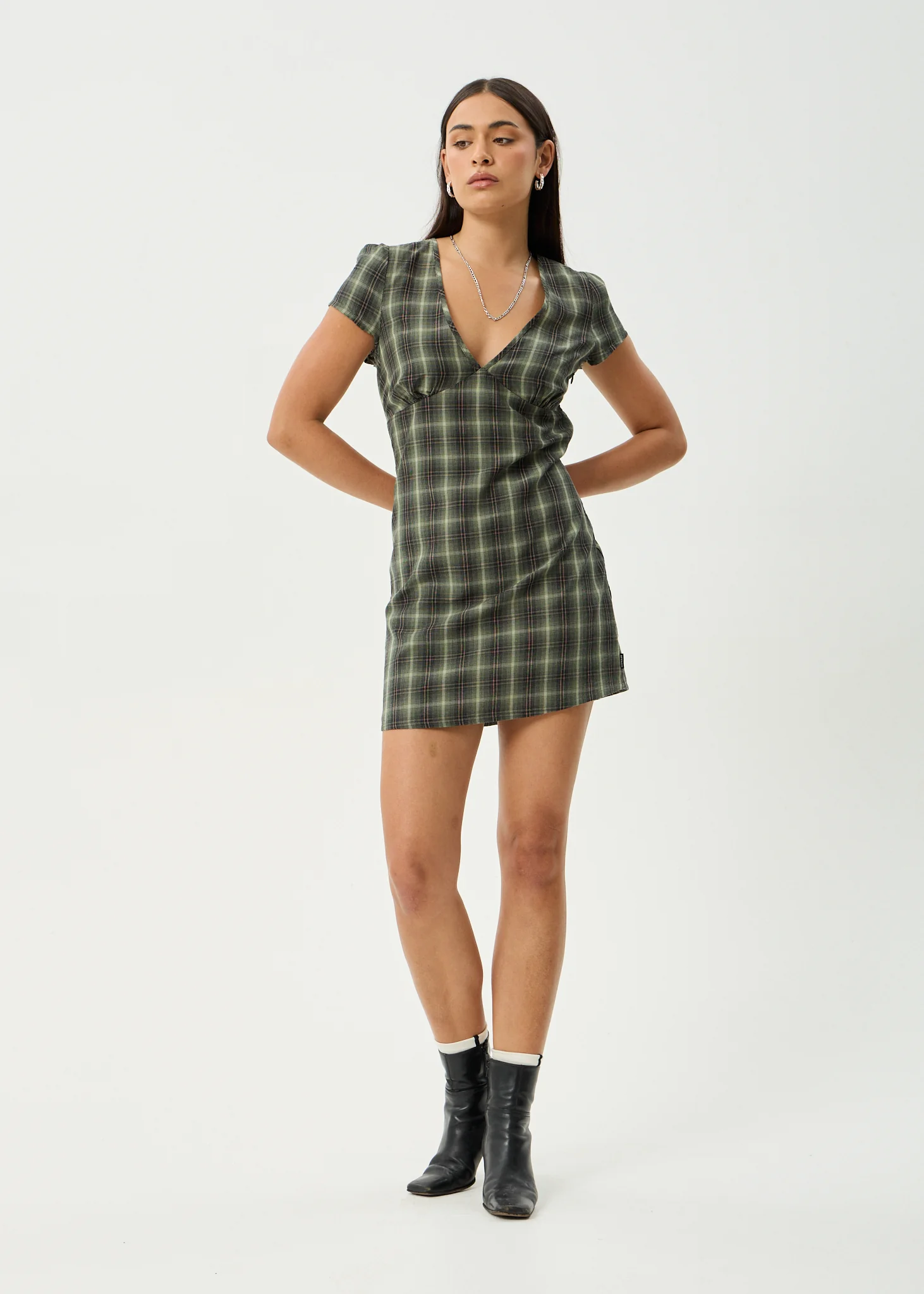 AFENDS Womens Jonah - Mini Dress - Deep Olive Check