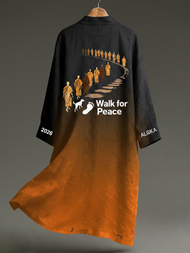 Vintage Peace For Walk Art In Gradient Print Linen Long Kimono