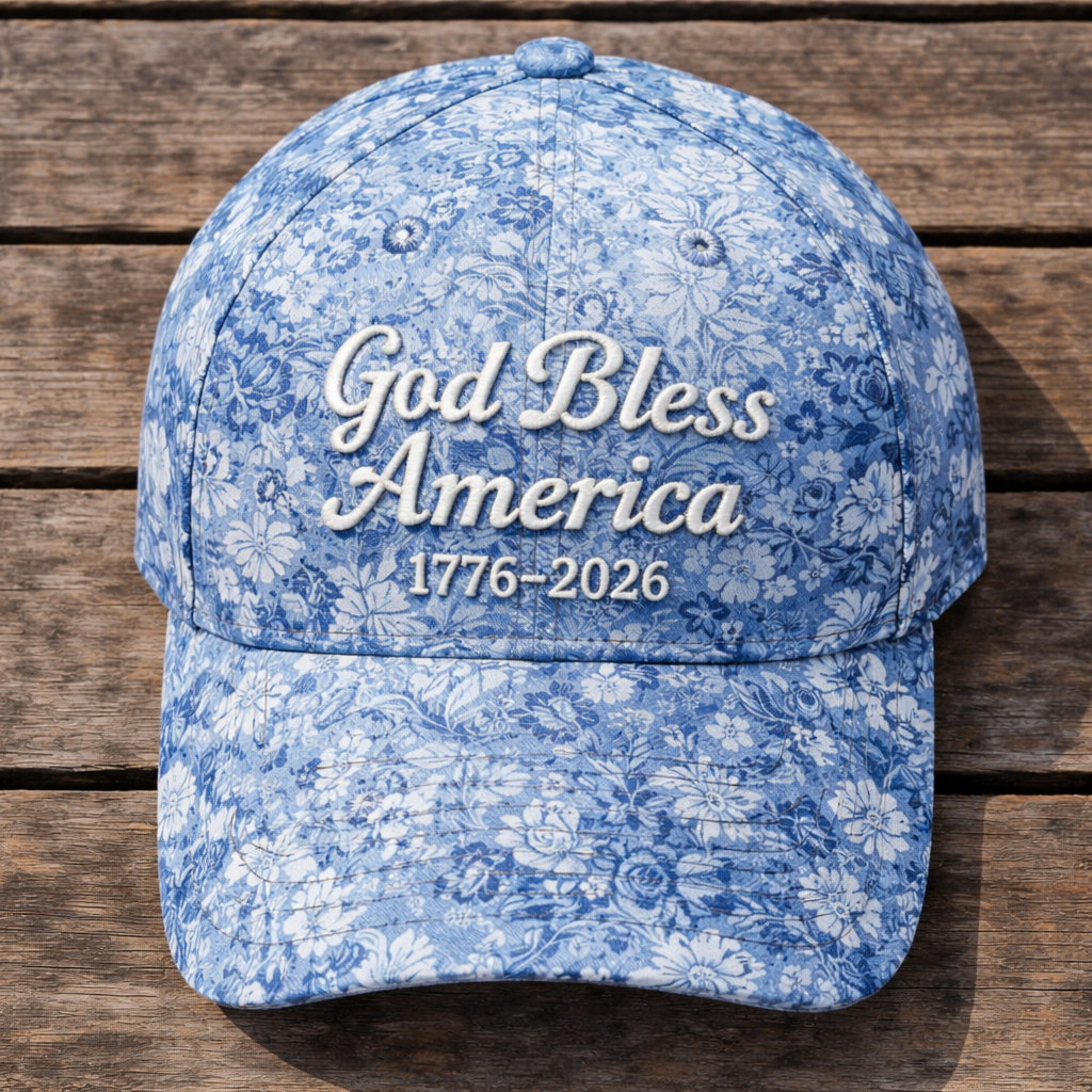 God Bless America 1776–2026 Floral Patriotic Baseball Cap – 250th Anniversary Embroidered Hat