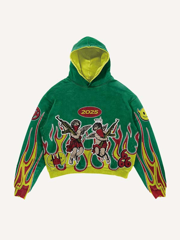 Angel&Gun&Fire&Smiley Face&Letter Print Slant Pockets Hoodie