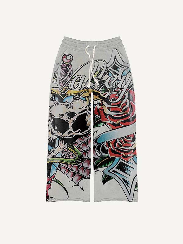 Skull&Cross&Floral&Sword&Graphic&Letter Print Elastic Waist Pants