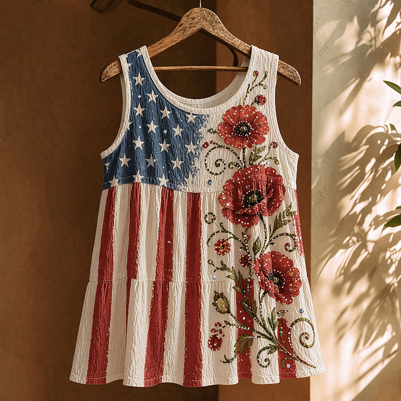 Women's American Flag Poppy Floral Printed Tank Top