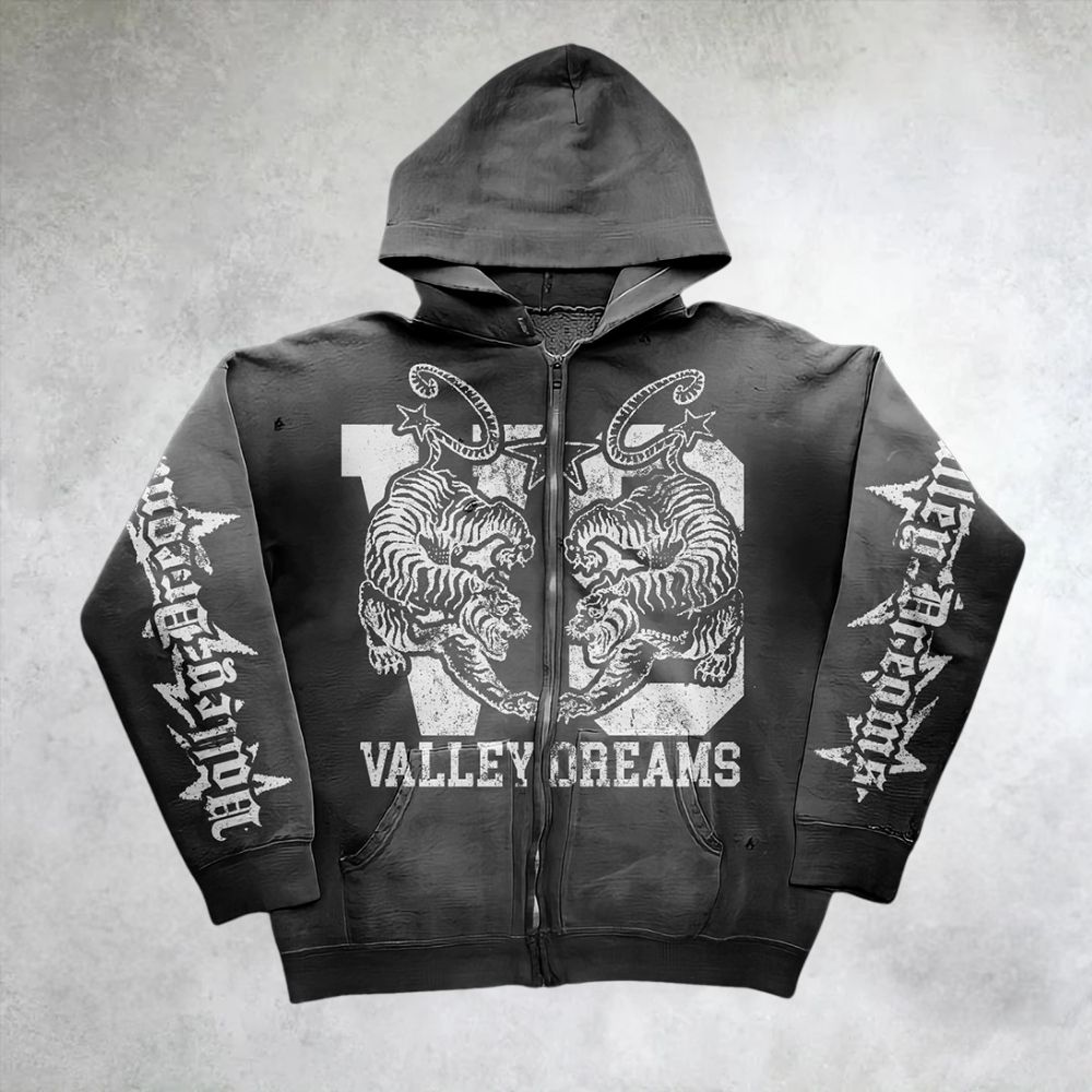Valley Dreams Twin Tigers Distressed Zip Up Hoodie