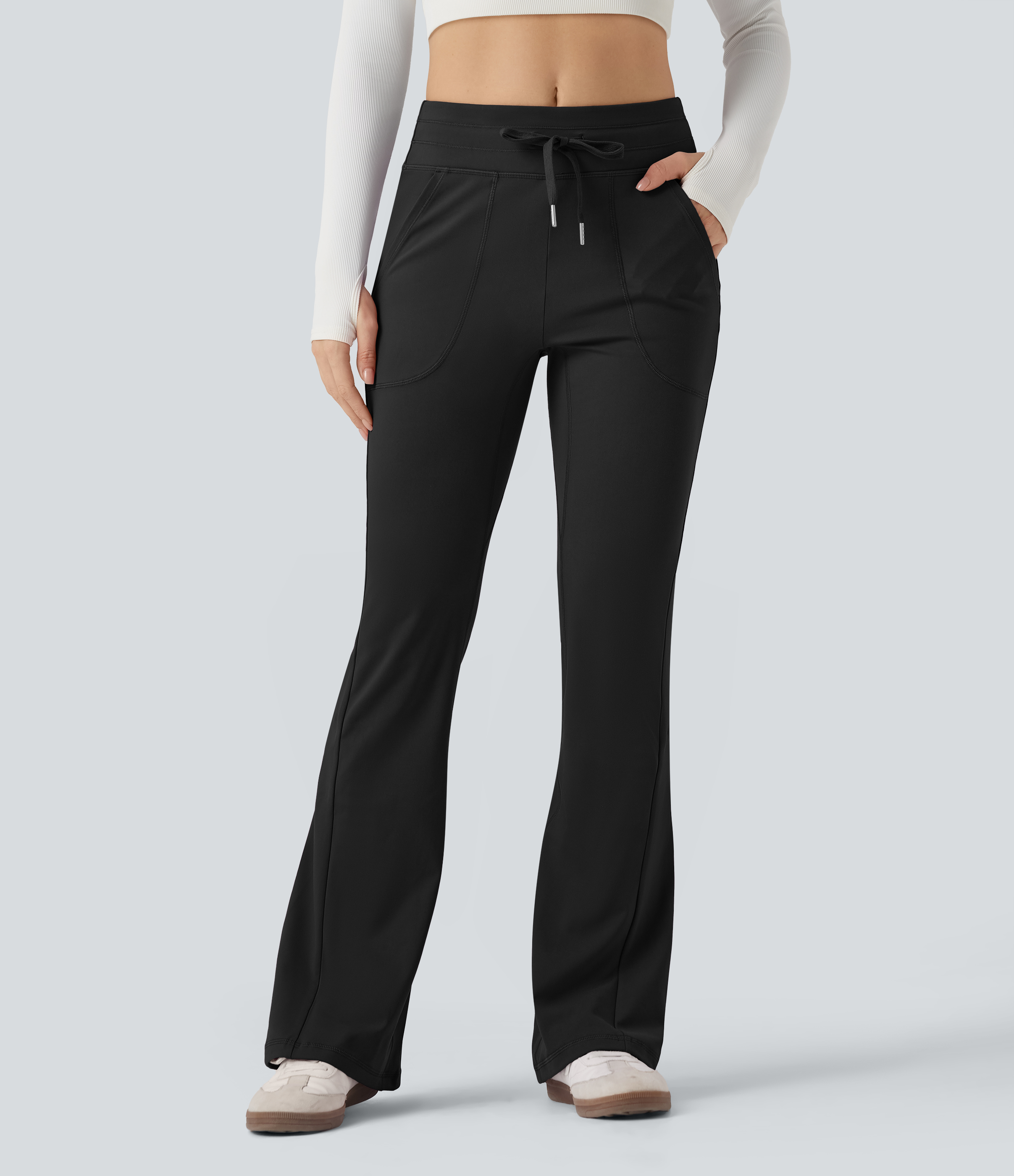 Mid Rise Drawstring Slim Casual Flare Pants with Pockets
