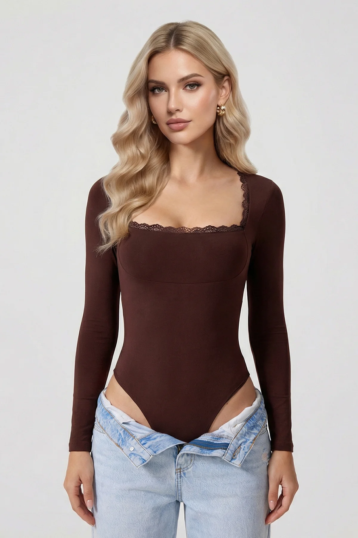 KatchMe Women's Workout Solid Color Lace Trim Long Sleeve Seamless Bodysuit, Stretchy Sport & Outdoor Clothing, Versatile Gymclothing, Shapewear Bodysuit