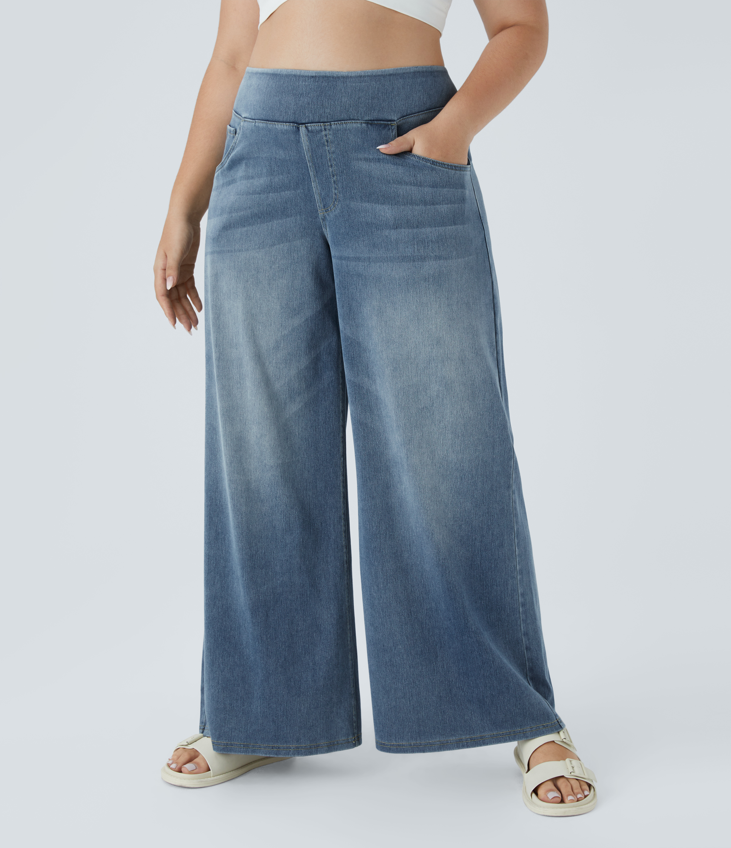 Halara Flex™ High Waisted Pockets Baggy Wide Leg Washed Casual Plus Size Jeans