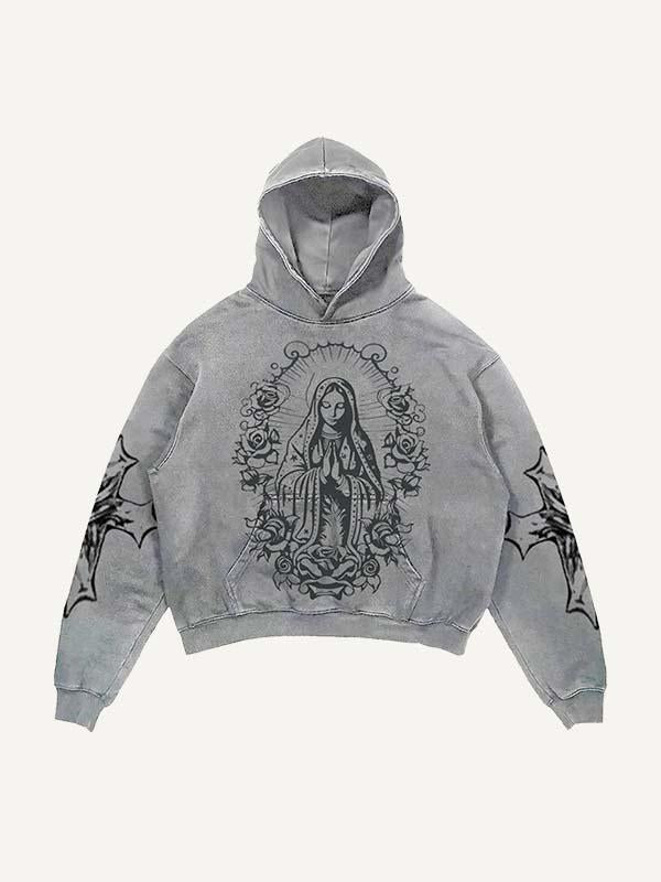 Mary&Floral&Letter&Cross Print Slant Pockets Hoodie