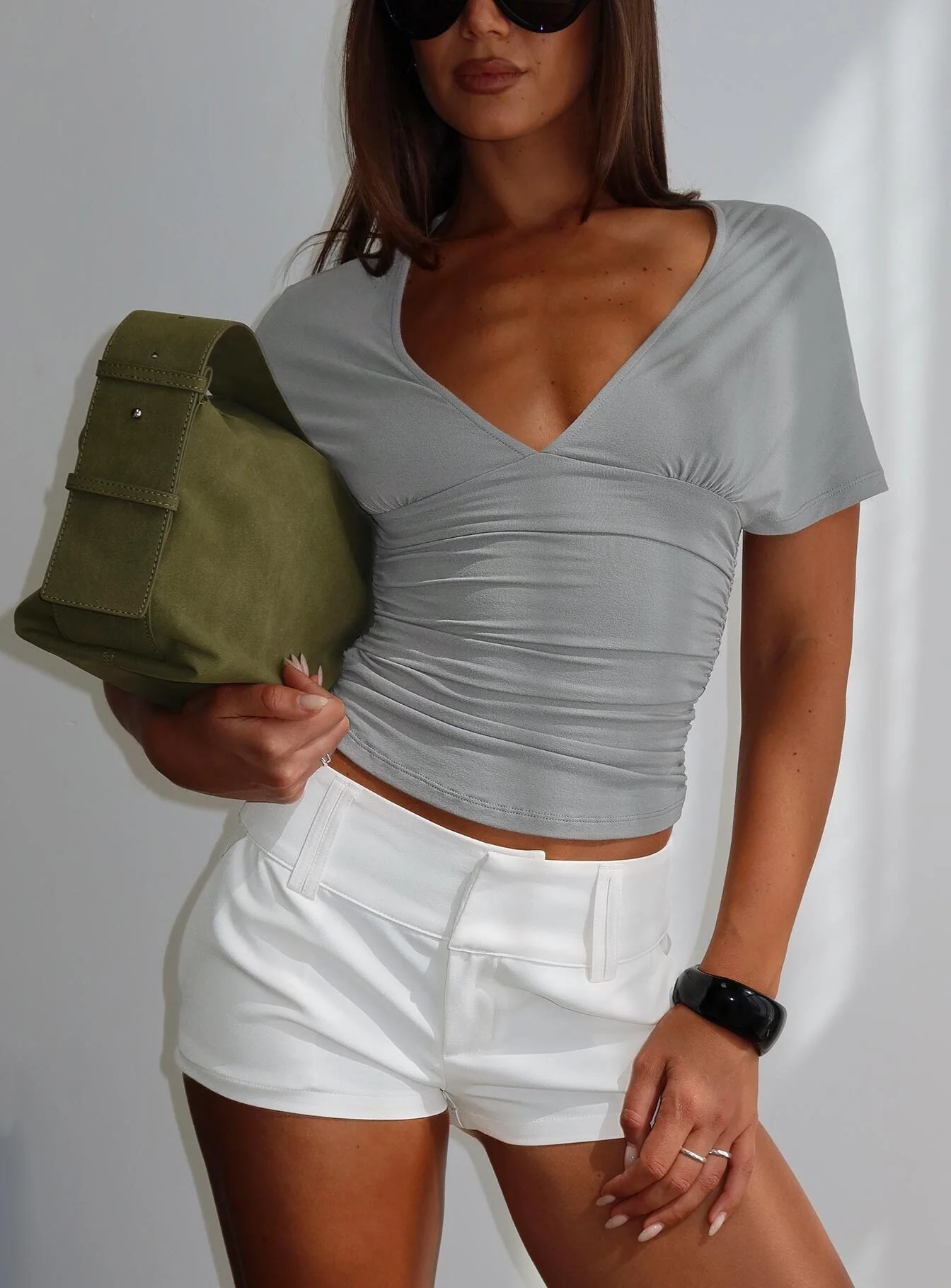 Osari Ruched Short Sleeve Jersey Top Grey