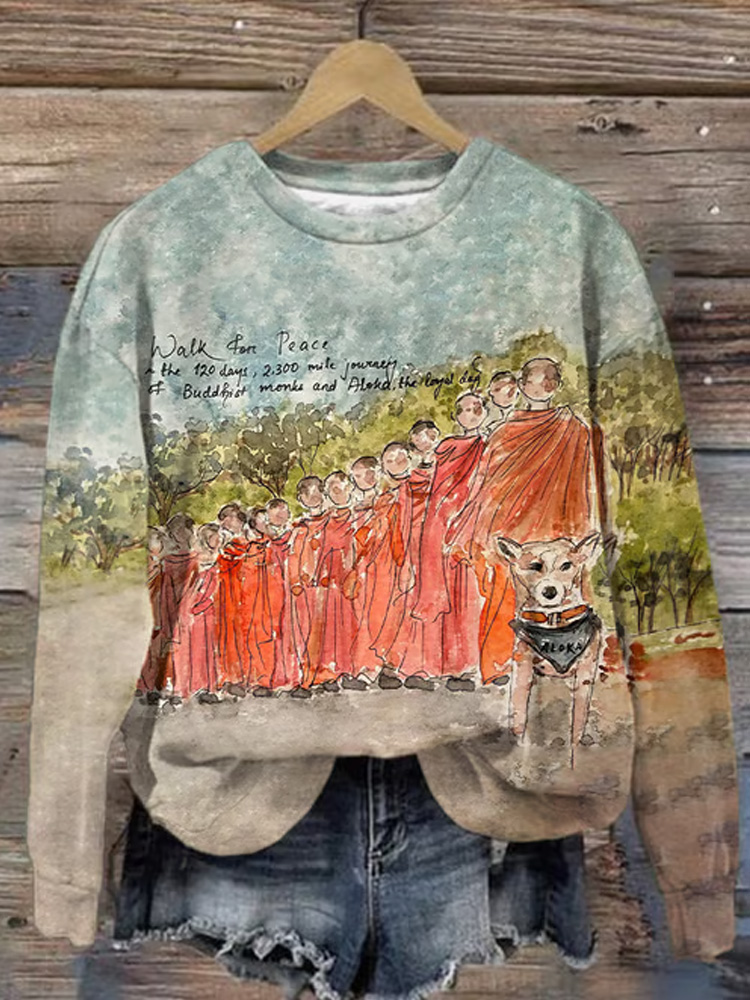 Retro Walk For Peace The 120 Days, 2,300 Mile Journey Of Buddhist Monks And Aloka, The Loyal Dog Watercolor Painting Print Sweatshirt