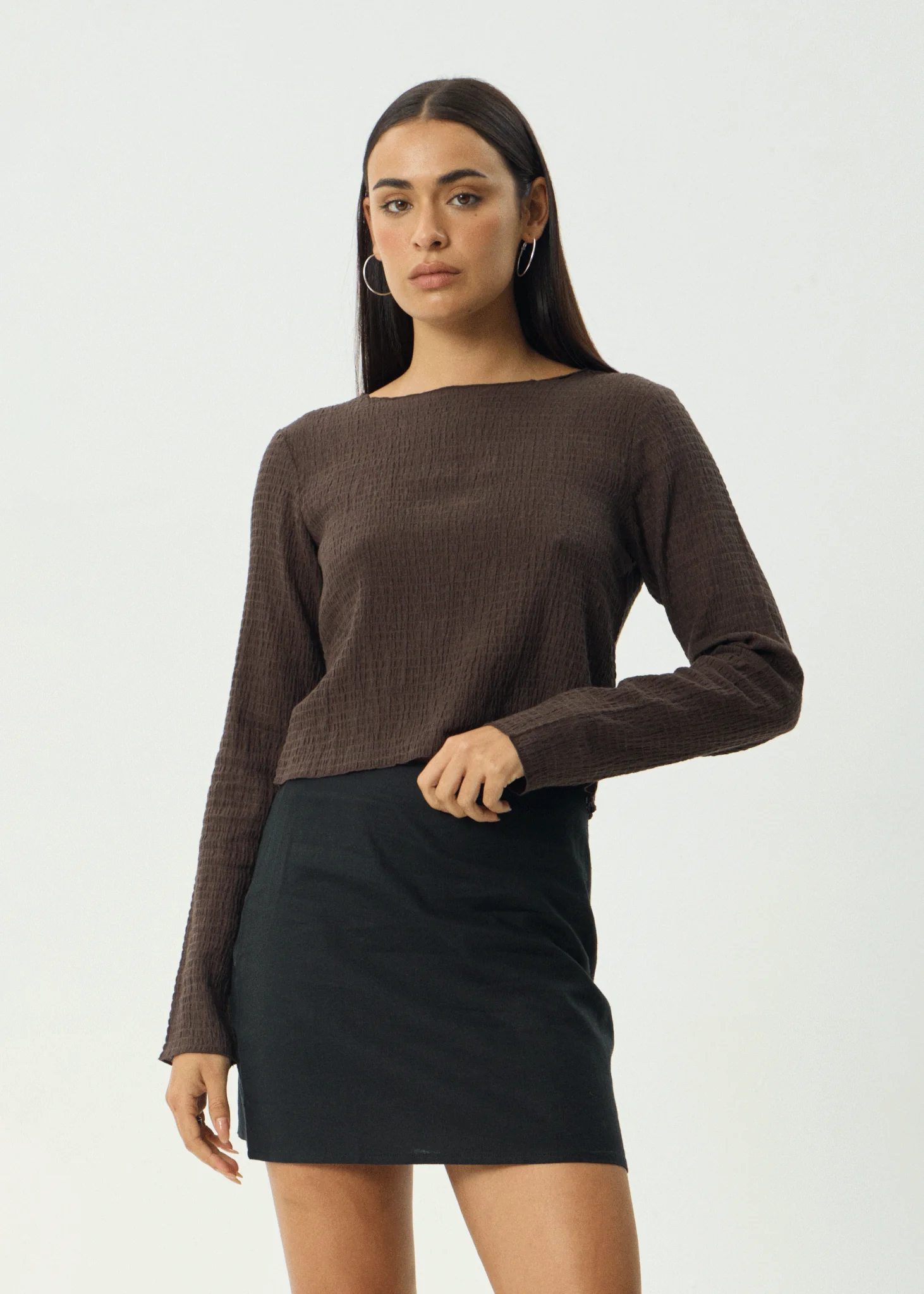 AFENDS Womens Focus - Seersucker Long Sleeve Top - Coffee