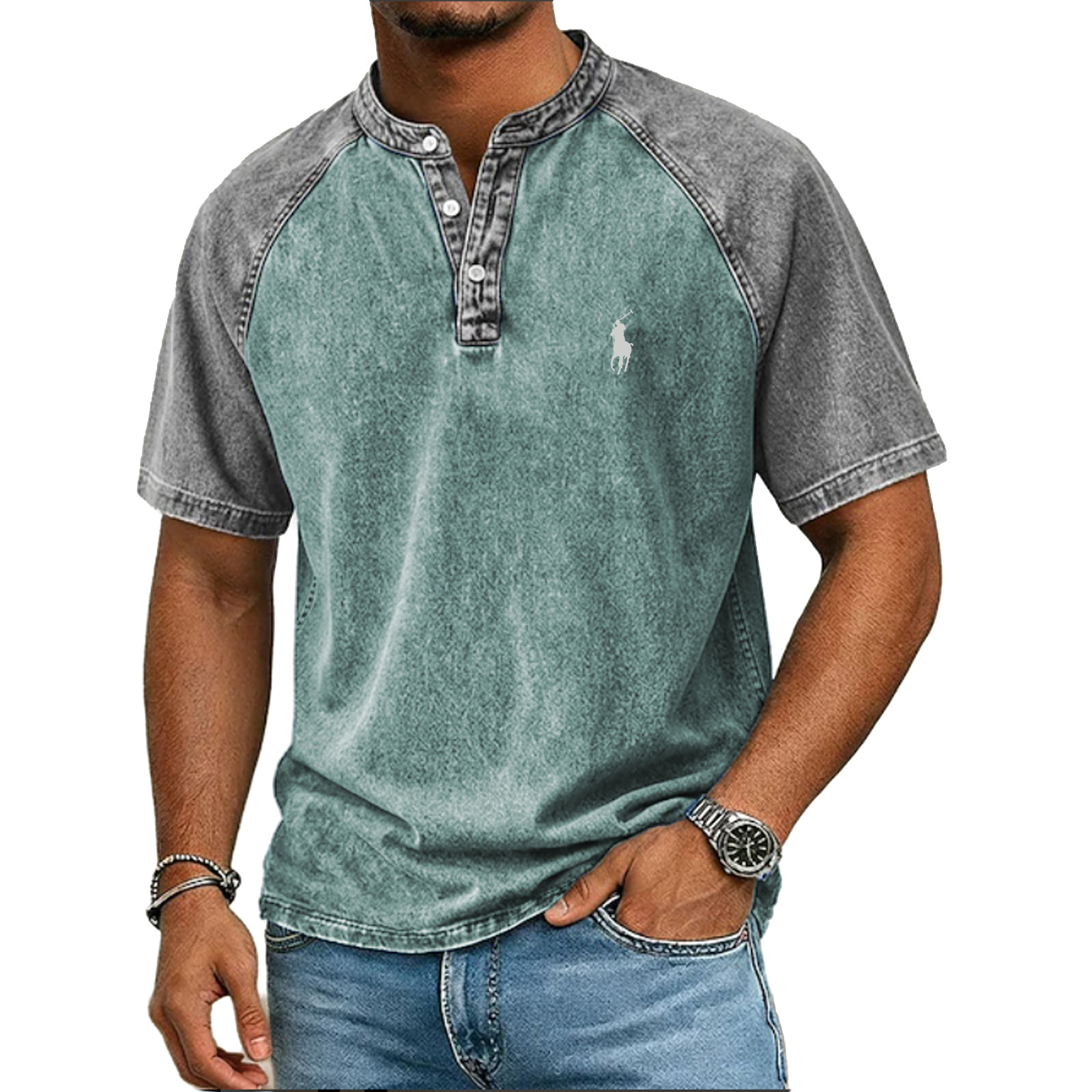 Men's Acid Wash Shirt Short Sleeve Color Block Patchwork