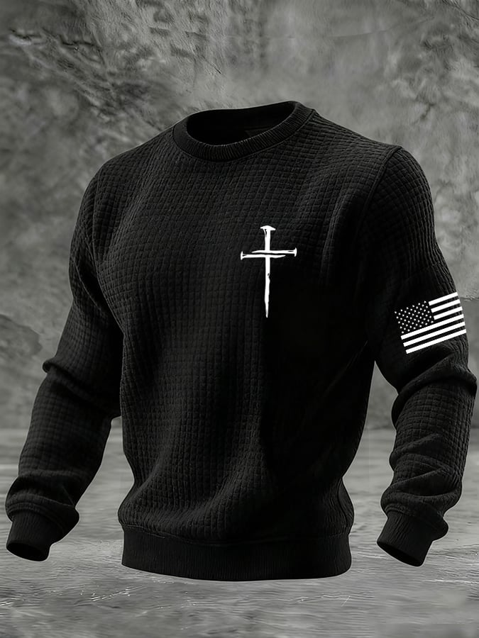 Men's Retro Faith Print Check Crew Neck Sweatshirt