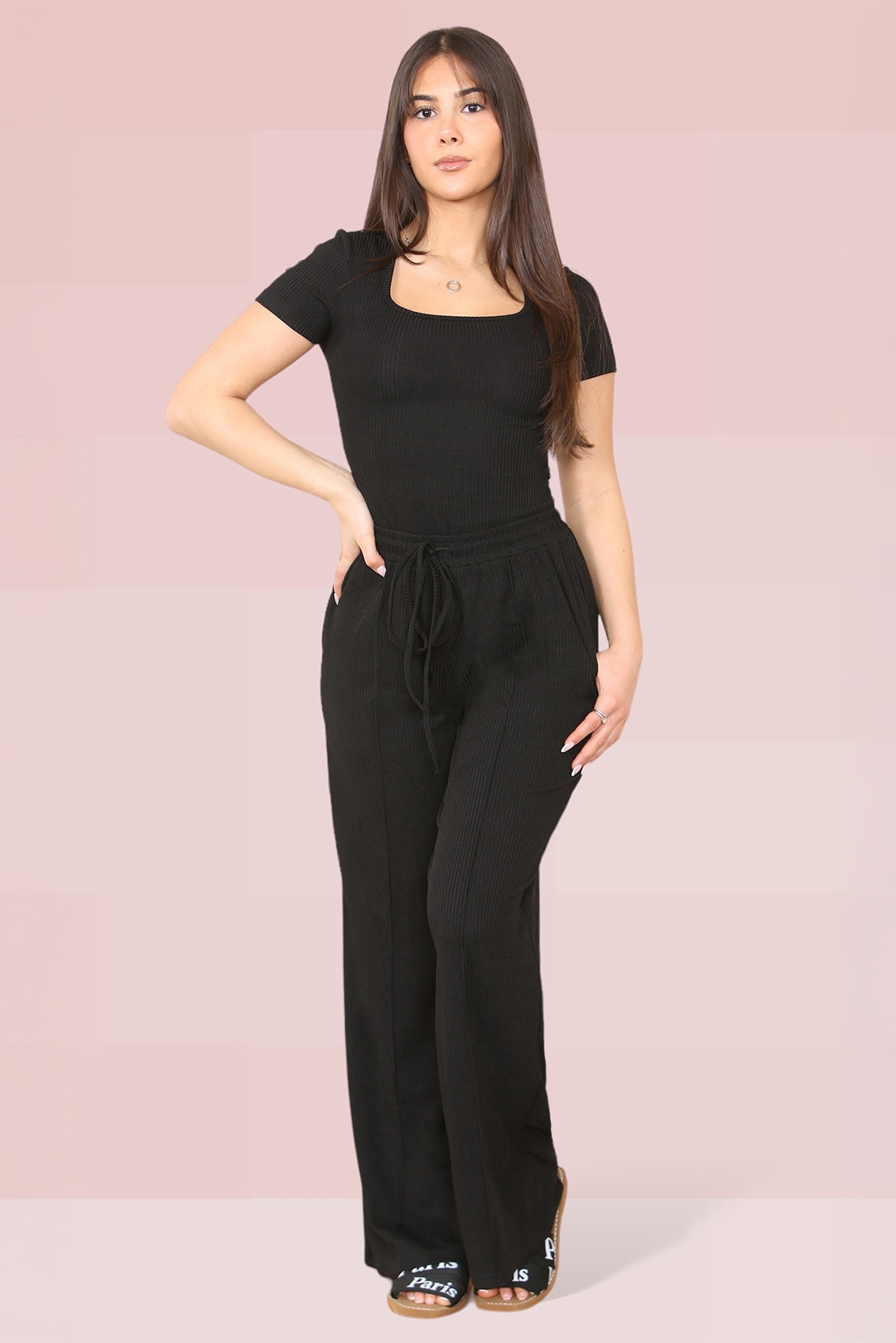 Trendy Square Neck Shaping Bodysuit & Wide Leg Trousers Co-ord