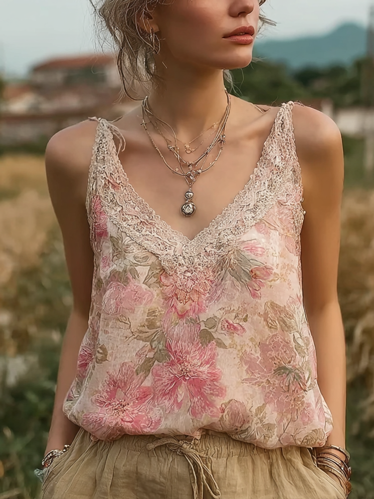 Bohemian Retro Pink Floral Pattern Women's Sleeveless Thin Shoulder Strap Vest