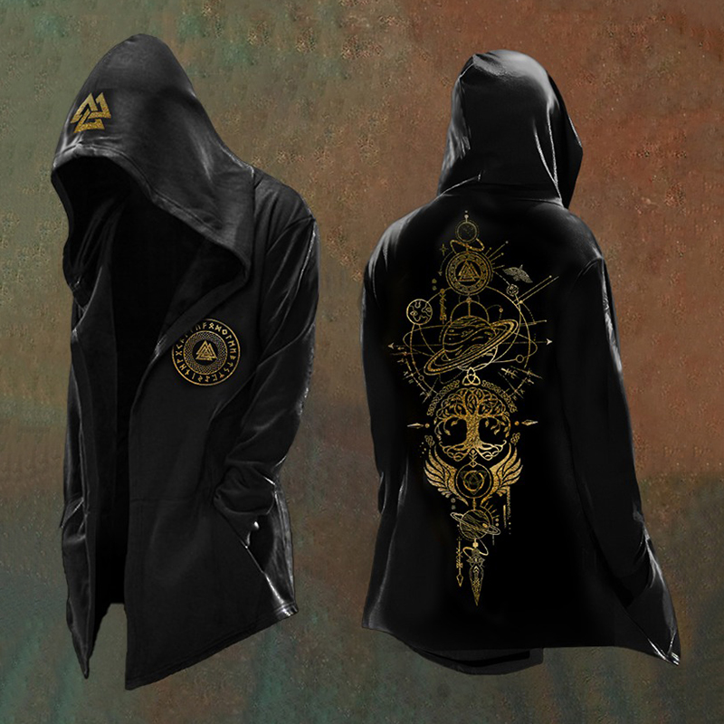 Men's Viking Mythology Print Vintage Hooded Jacket