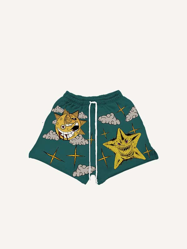 Evil Moon&Sun&Star&Eye&Cloud Print Drawstring Waist Shorts