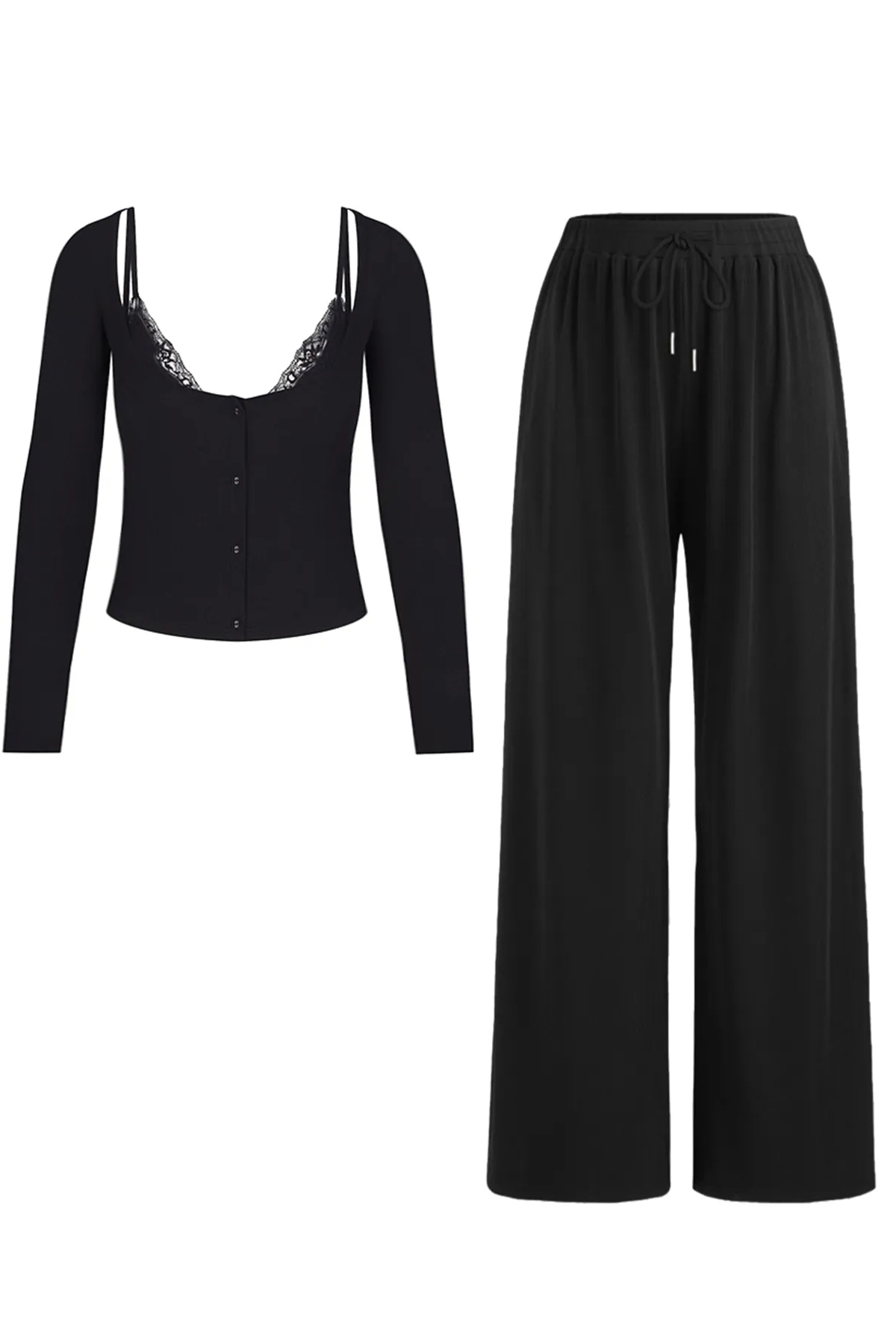 Elegant U-Neck Long Sleeve Top & Drawstring Waist Trousers with Lace Trim Camisole Three-Piece Set