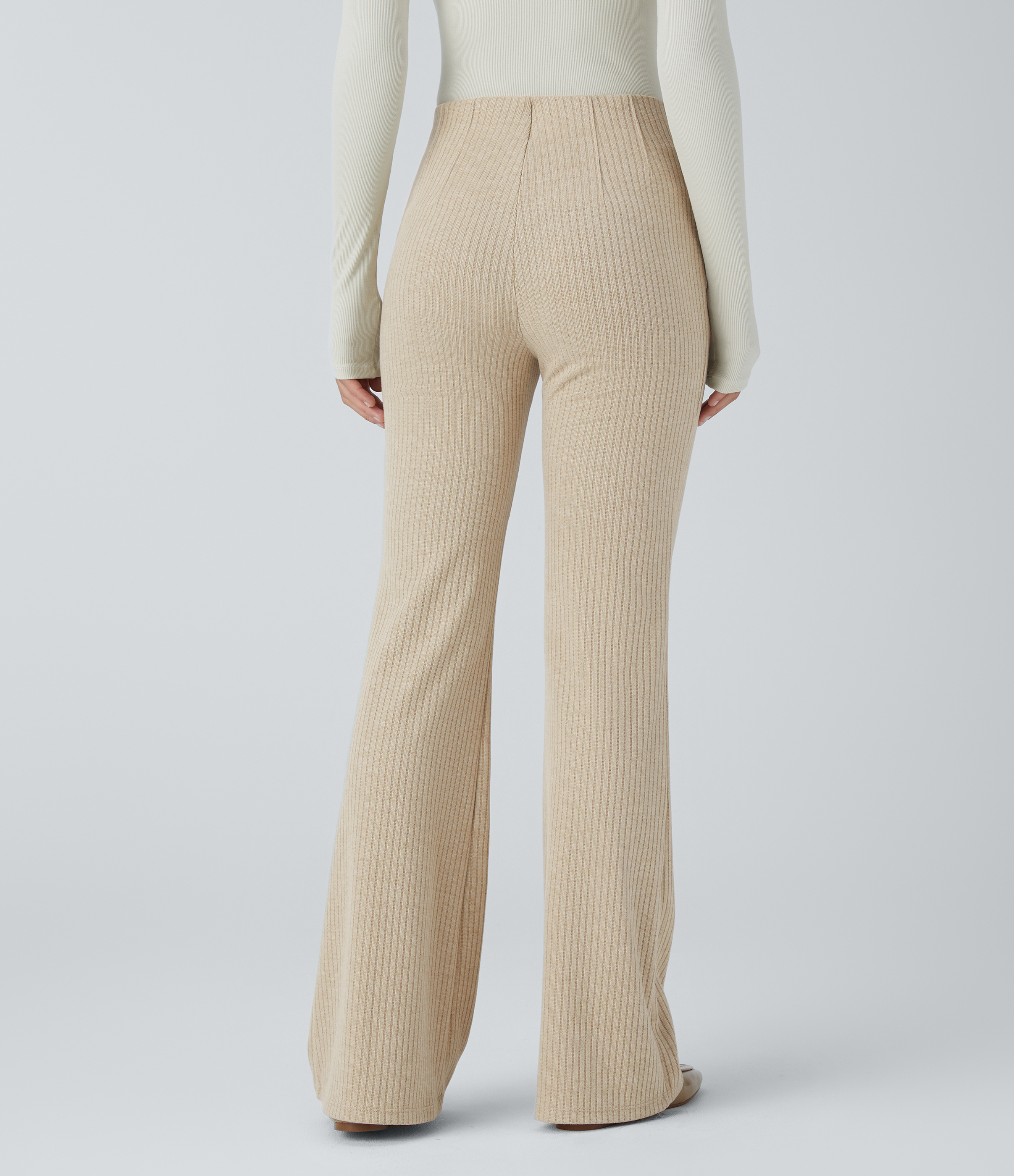 Ribbed Knit High Waisted Side Zipper Pockets Casual Flare Pants