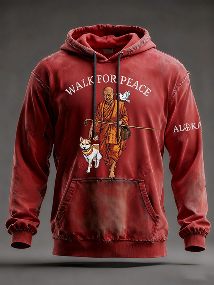 Men's Retro Walk For Peace Monks With Aloka Dog Print Casual Hoodie