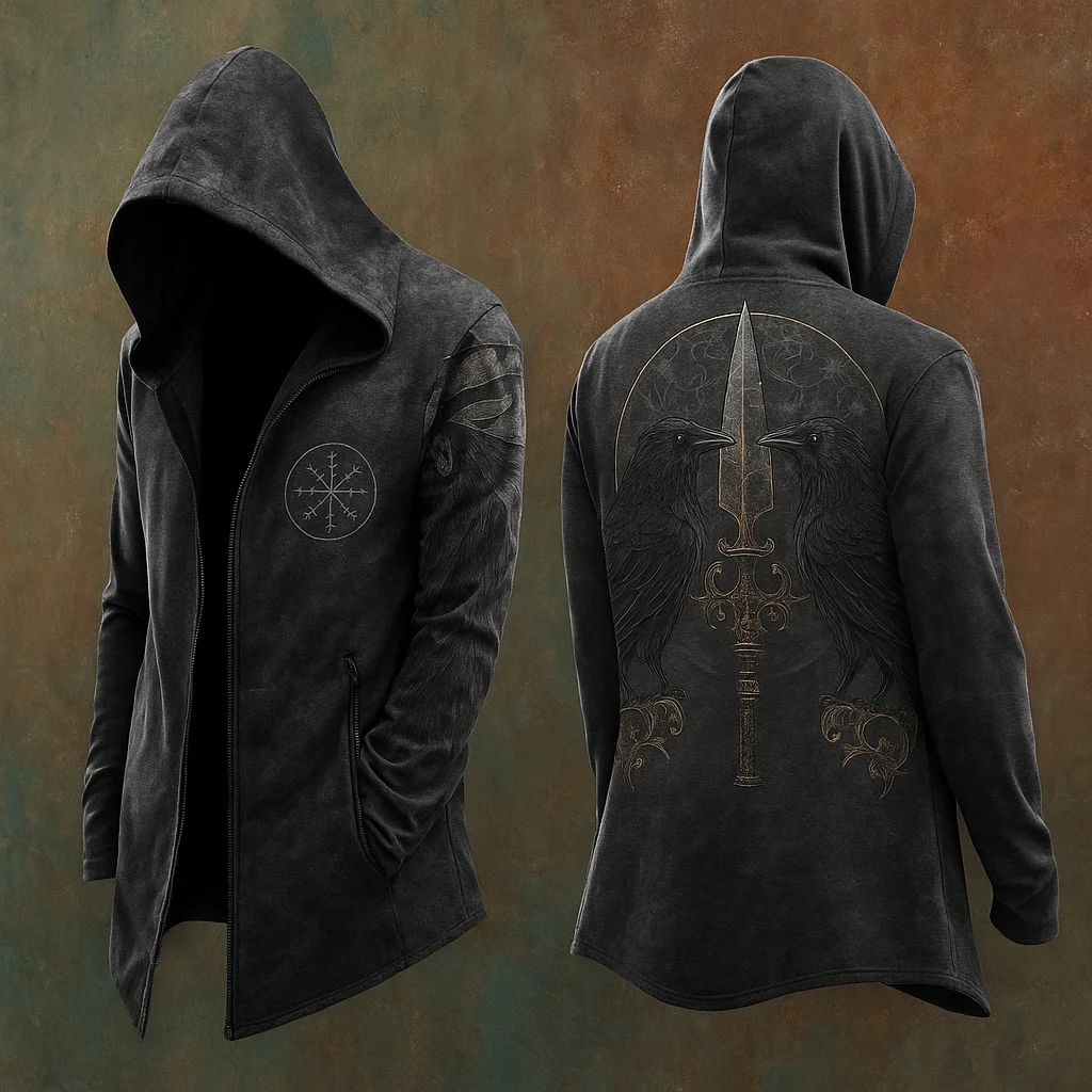 Men's Viking Mythology Raven Lævateinn Celtic Totem Hooded Jacket