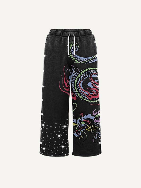 Dragon&Letter&Graphic Faux Decal Faux Rhinestones Print Elastic Waist Pants