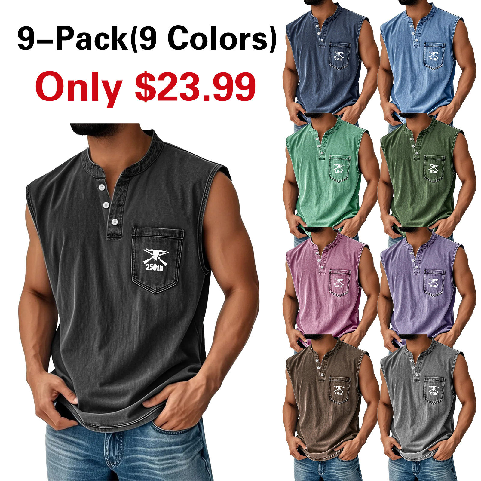 Men's Washed Cotton Sleeveless Henley Vest
