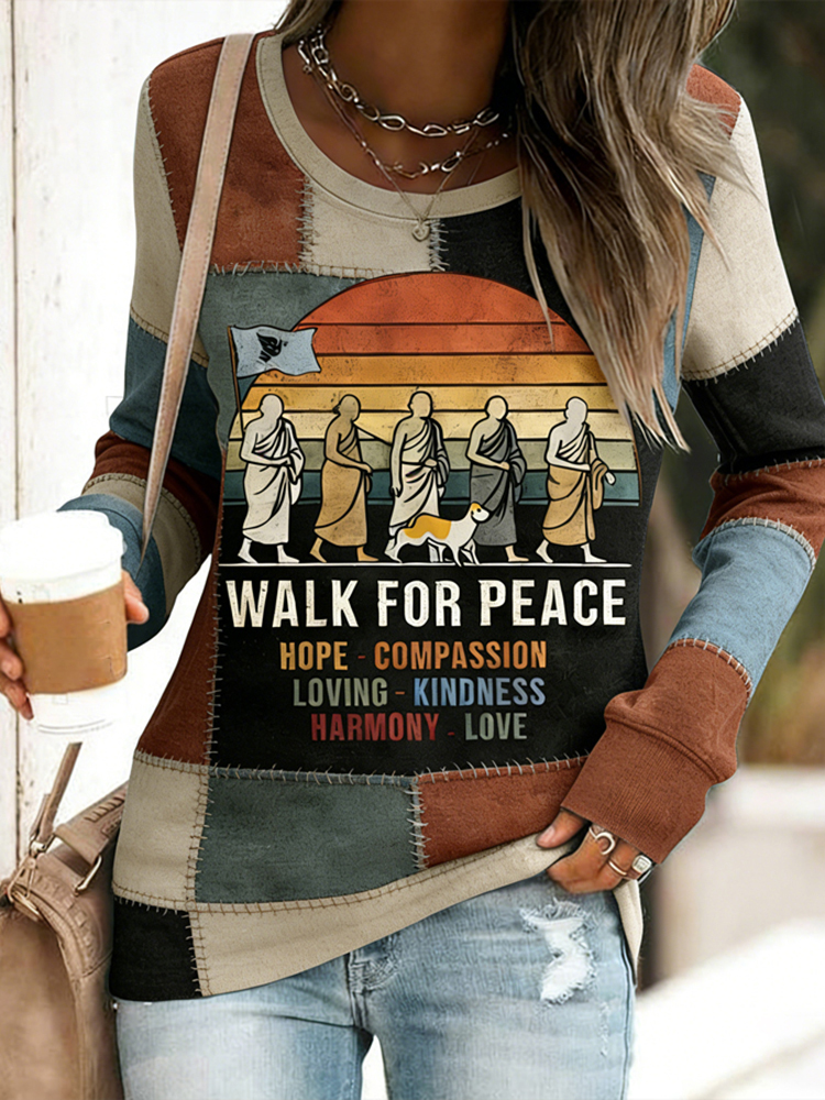 Vintage Walk For Peace In Patchwork Art Embroidered Casual Sweatshirt