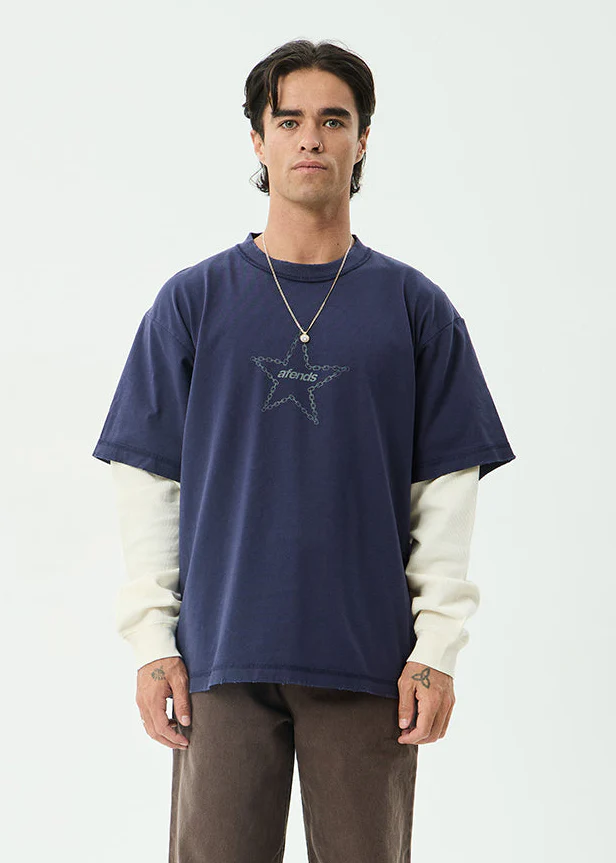AFENDS Mens Chains - Heavyweight Layered Waffle Long Sleeve Tee - Washed Deep Sea