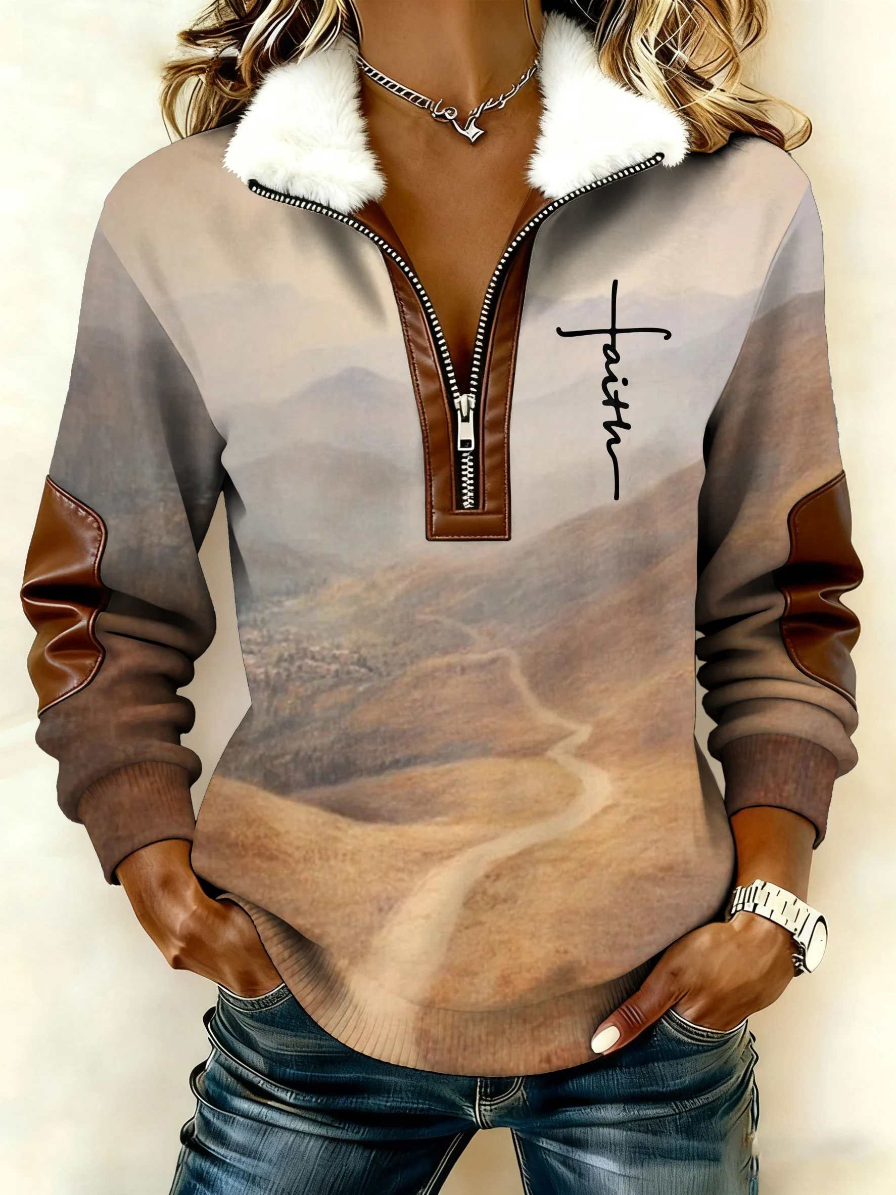 Women'S Casual Retro Faith-Inspired Print Patchwork Long-Sleeved Sweatshirt With Fur Collar-Fast Shipping