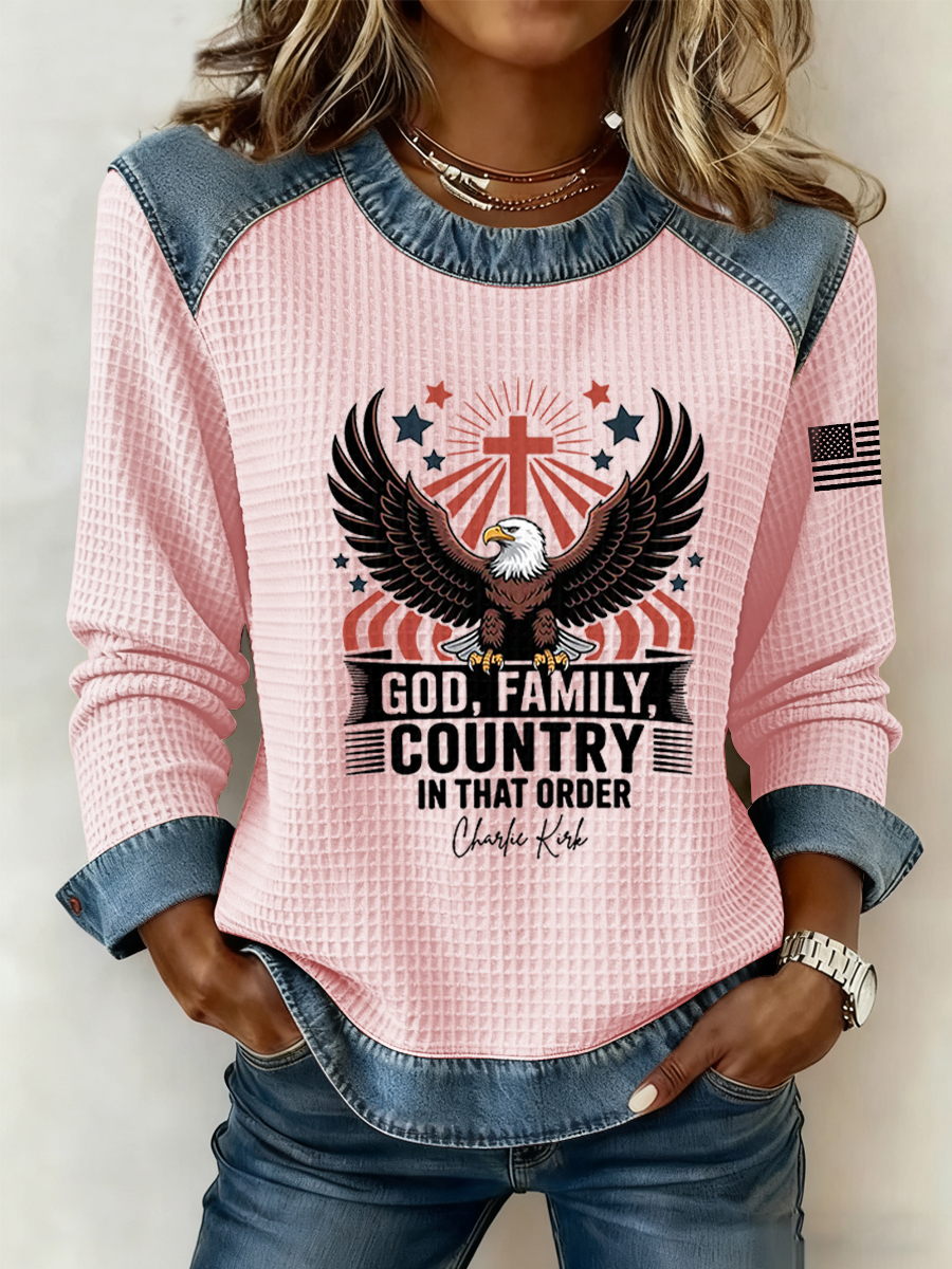 Women's Freedom God Family Country In That Order Printed  Denim Patchwork Waffle Top