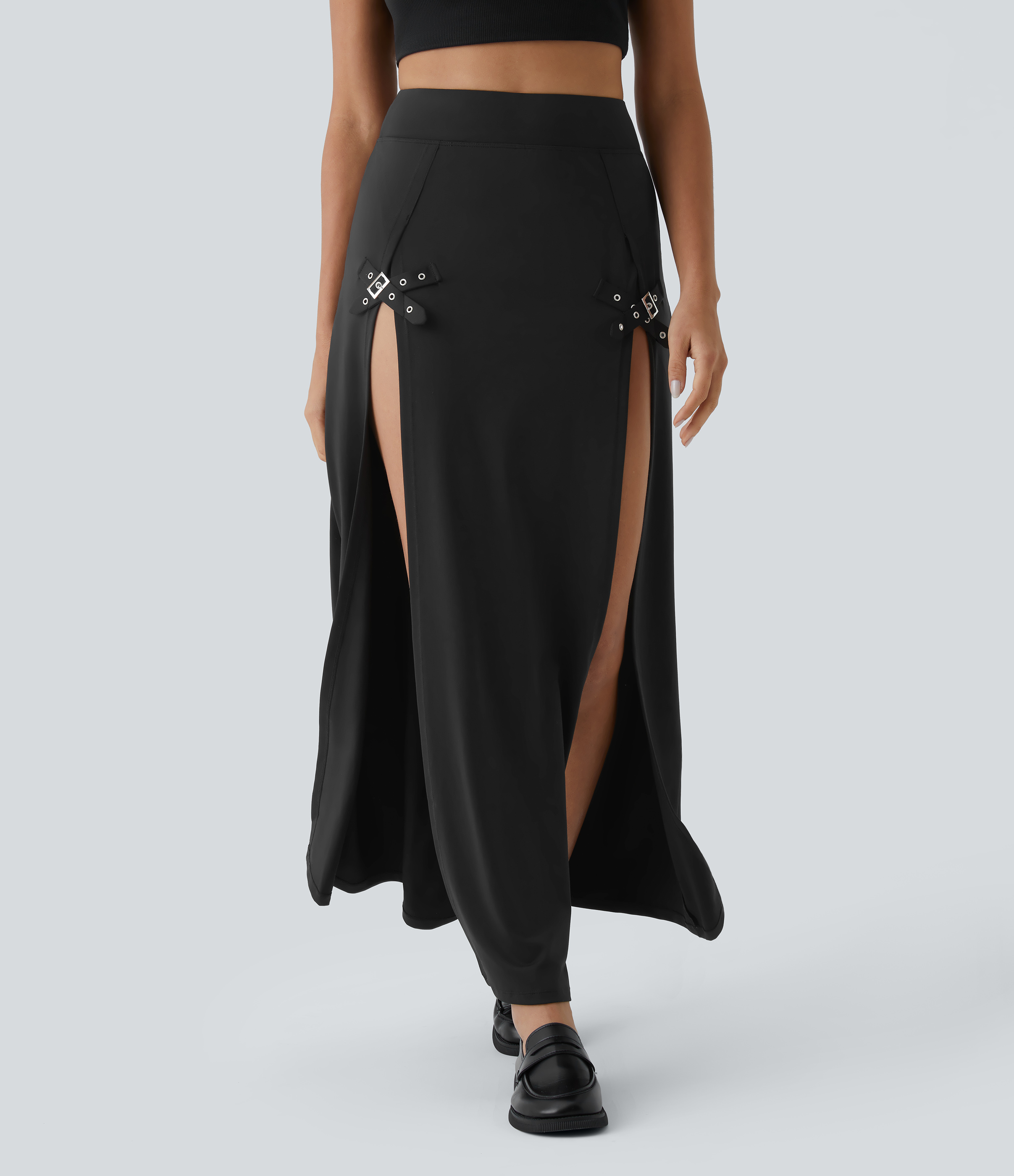 High Waisted Decorative Buckle 2-in-1 Maxi Casual Skirt