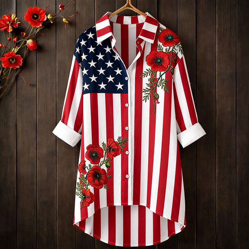 Women's Memorial Day Poppy Art Printed Casual Longline Shirt
