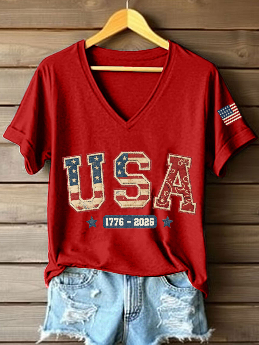 Women's USA 1776-2026 Patchwork Pattern V-Neck T-Shirt