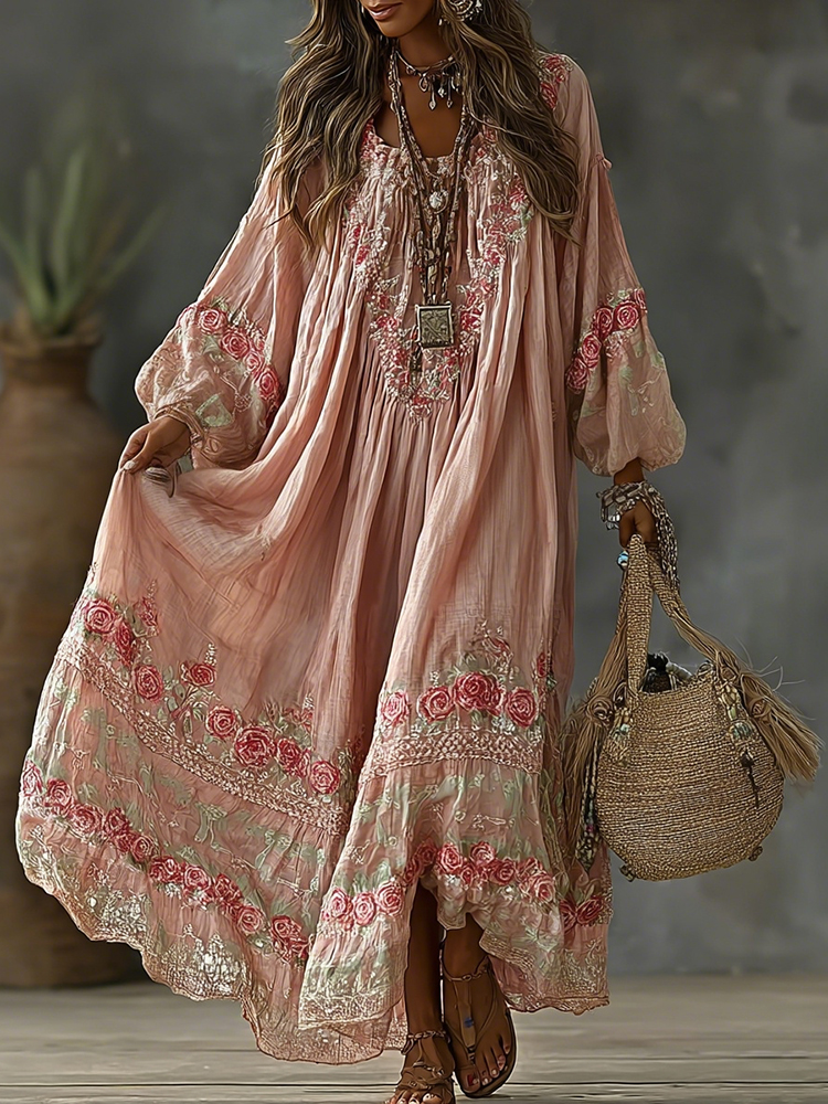 Women's Vintage Floral Art Print Flowy Linen Blend Casual Long Sleeve Maxi Dress