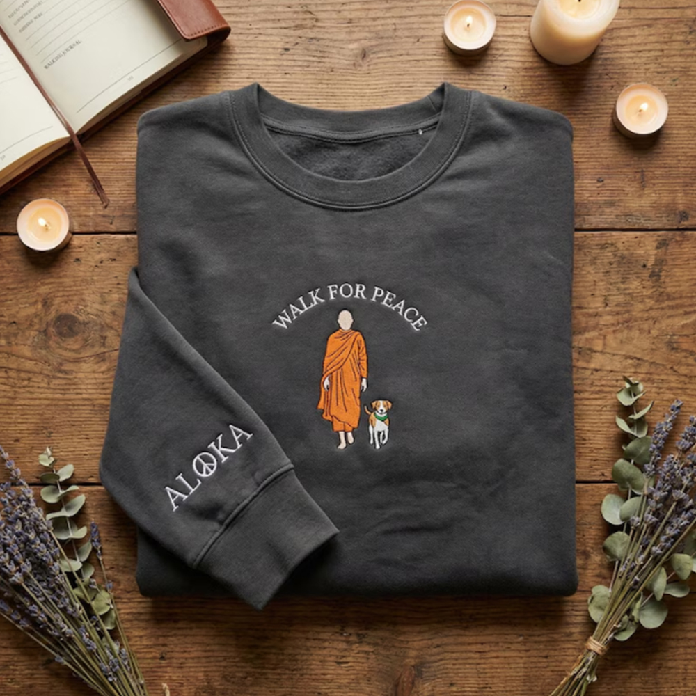 Retro Peace Monk And Alok Dog Embroidery Crew Neck Sweatshirt
