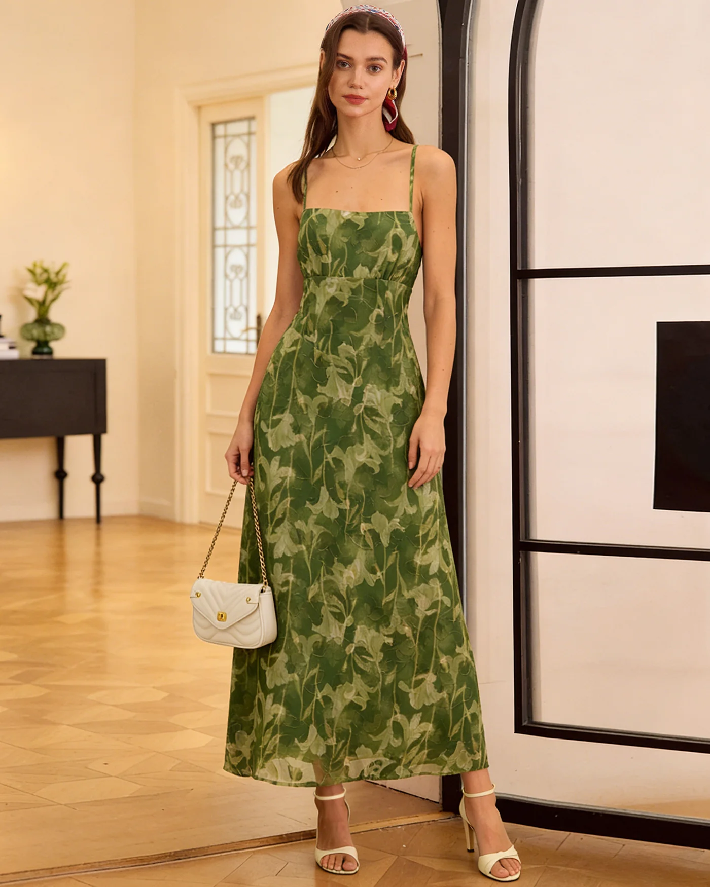Green Floral X Cross Slip Maxi Dress