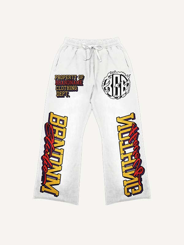 Cloud&Fire&Letter Print Elastic Waist Pants