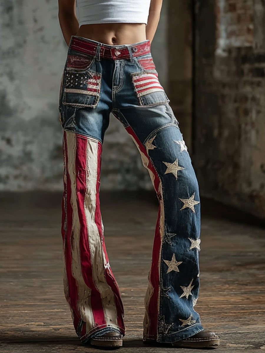Women's American Flag  Inspired Print Vintage Washed Jeans