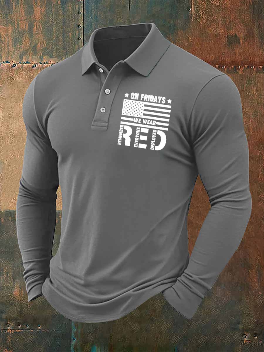 On Fridays We Wear Red Print Casual Long Sleeve Polo Shirt