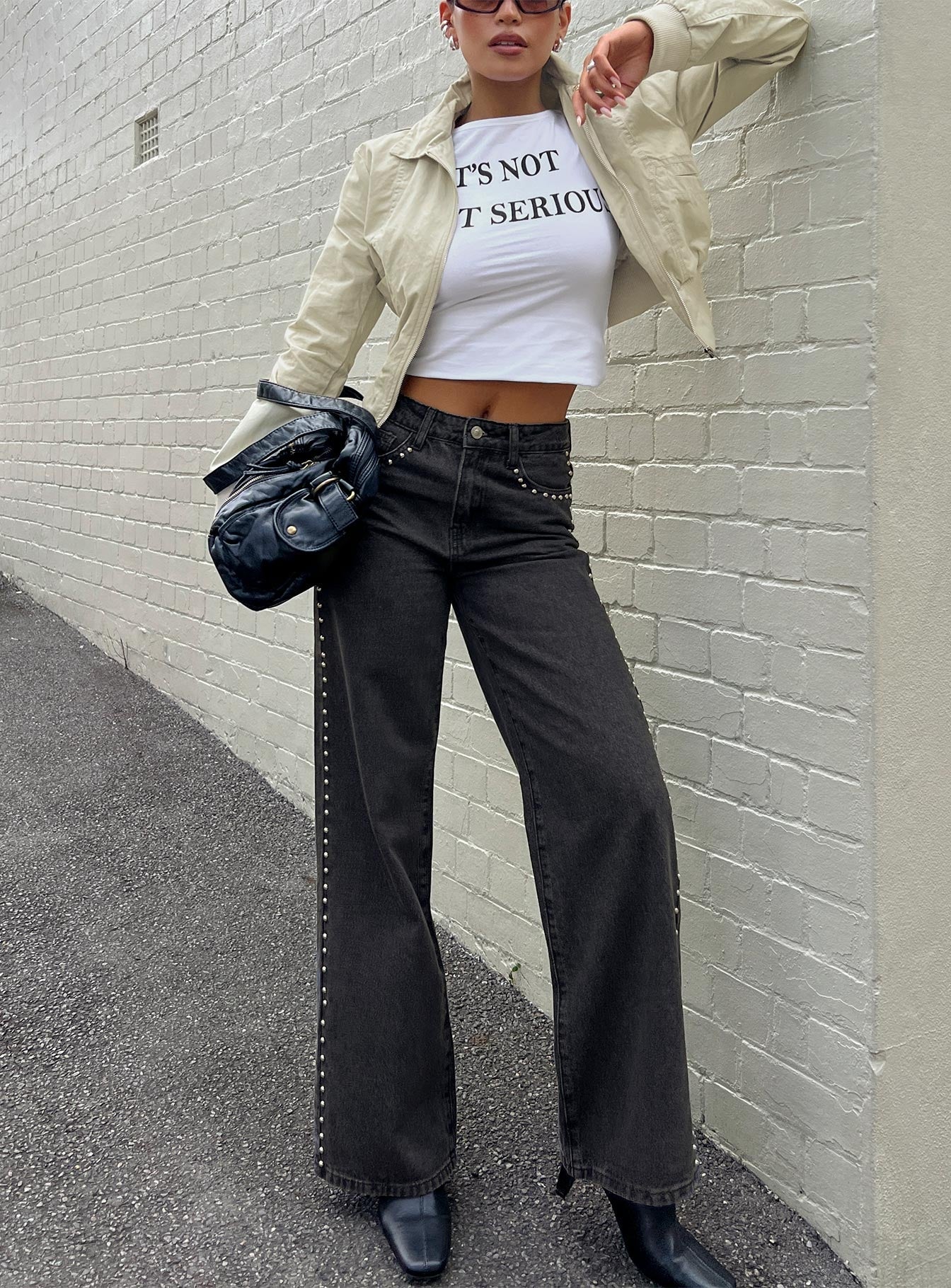 Saving Up Mid Rise Straight Leg Studded Jeans Jet Black