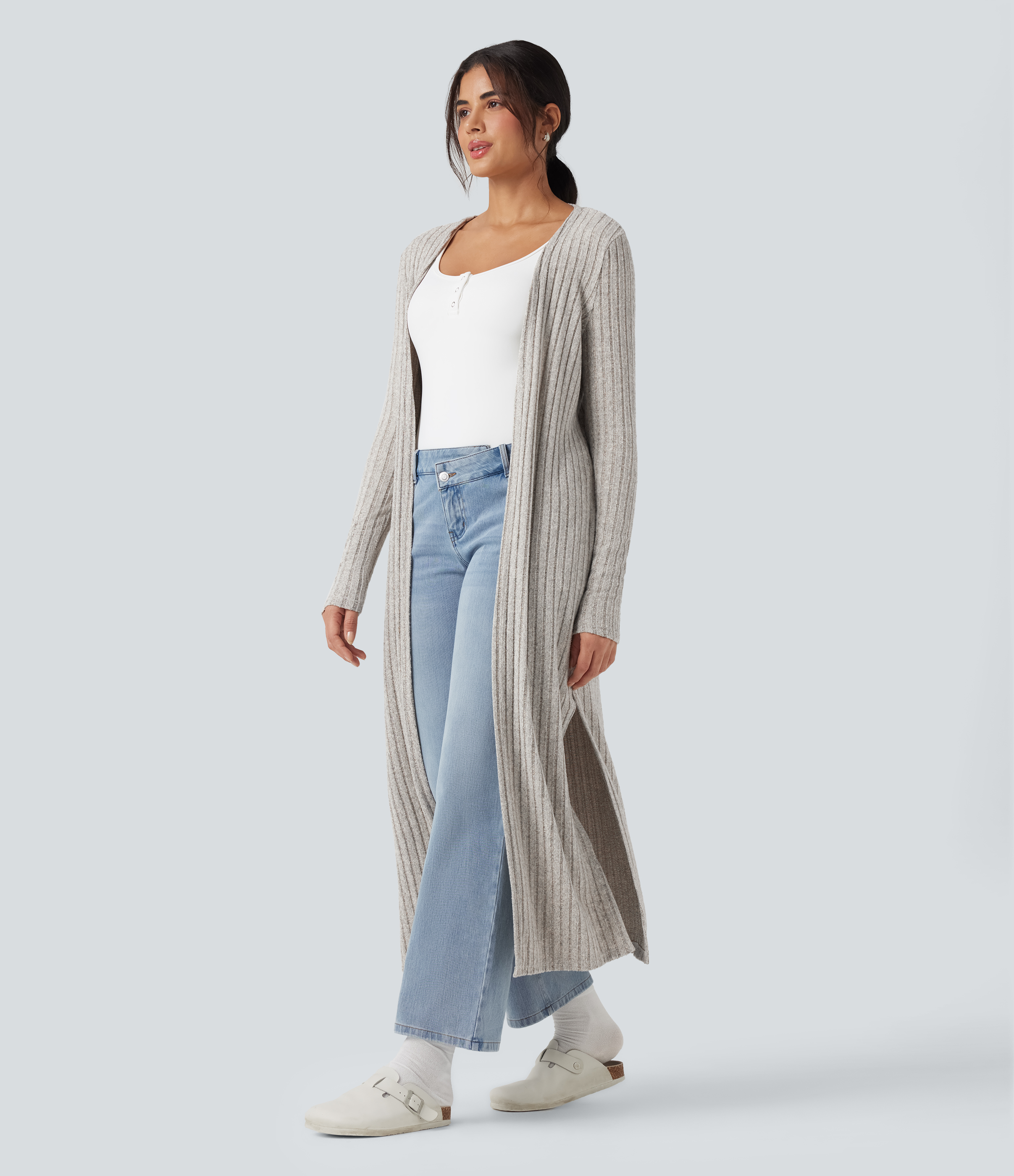 Ribbed Knit Long Sleeve Split Casual Longline Coat