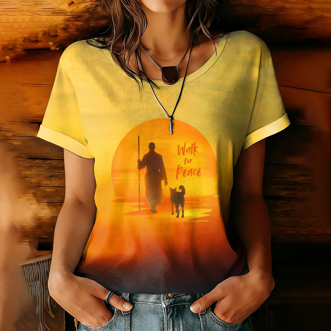 Women's Walk For Peace Monks With Aloka Dog Print T-shirt