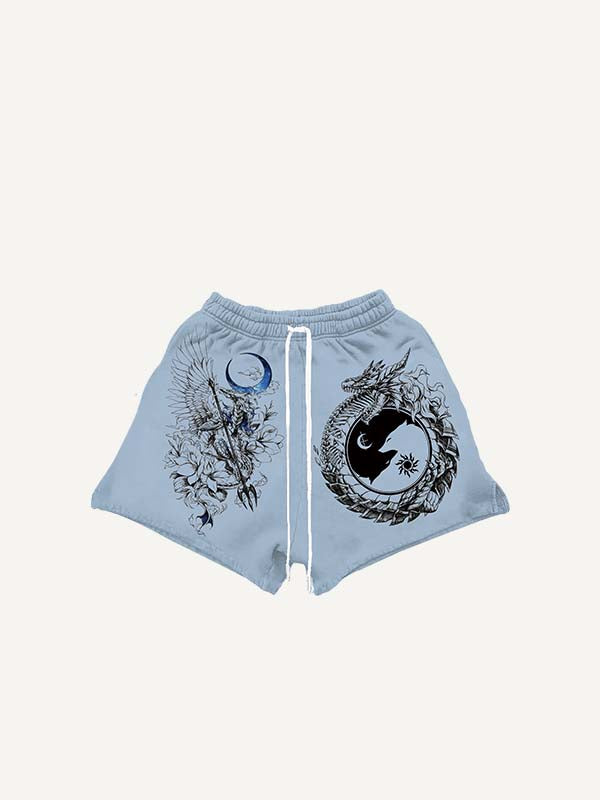 Sun&Moon&Dragon&Wing&Floral Print Drawstring Waist Shorts