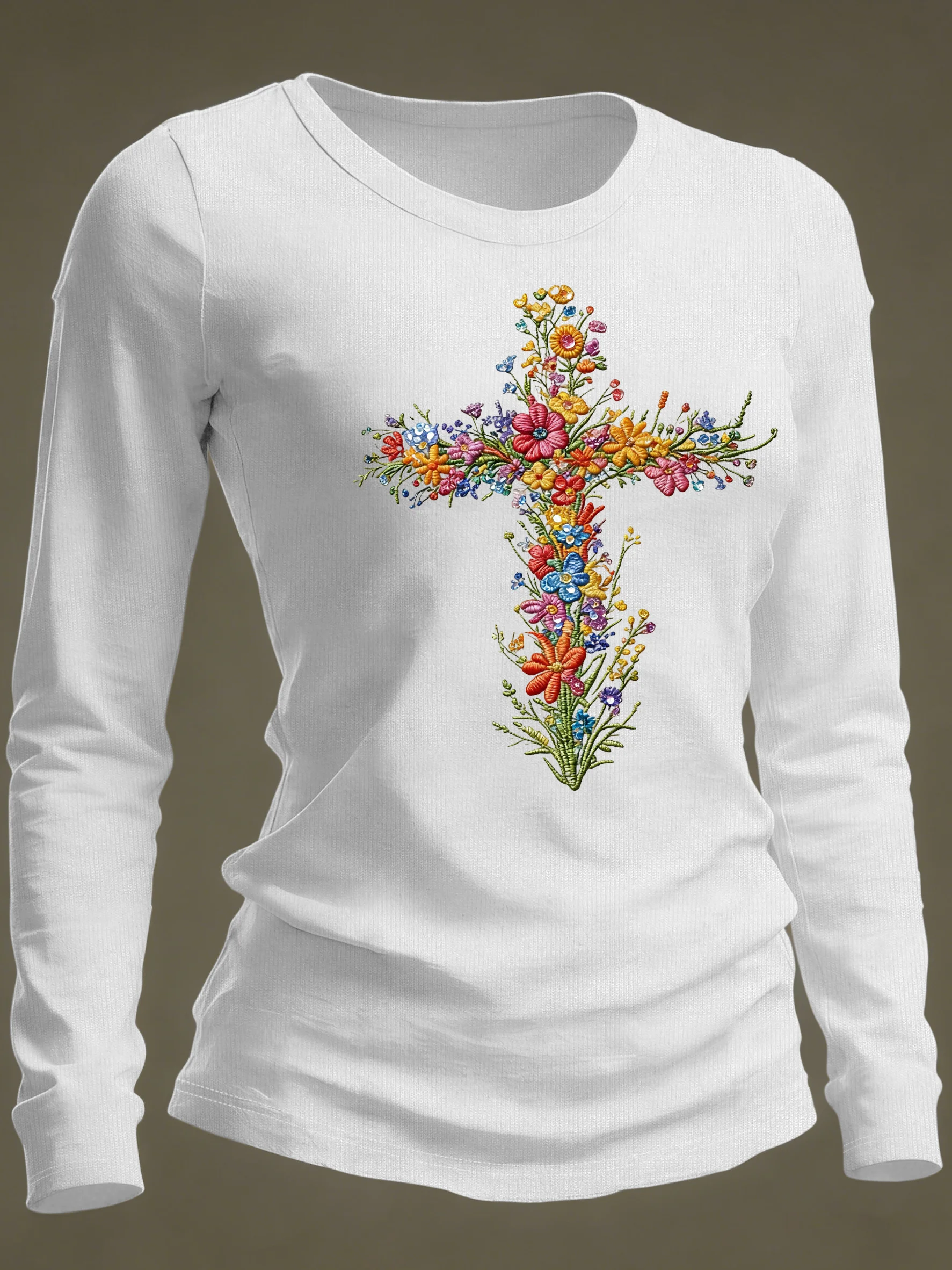Women's casual floral cross long-sleeved T-shirt