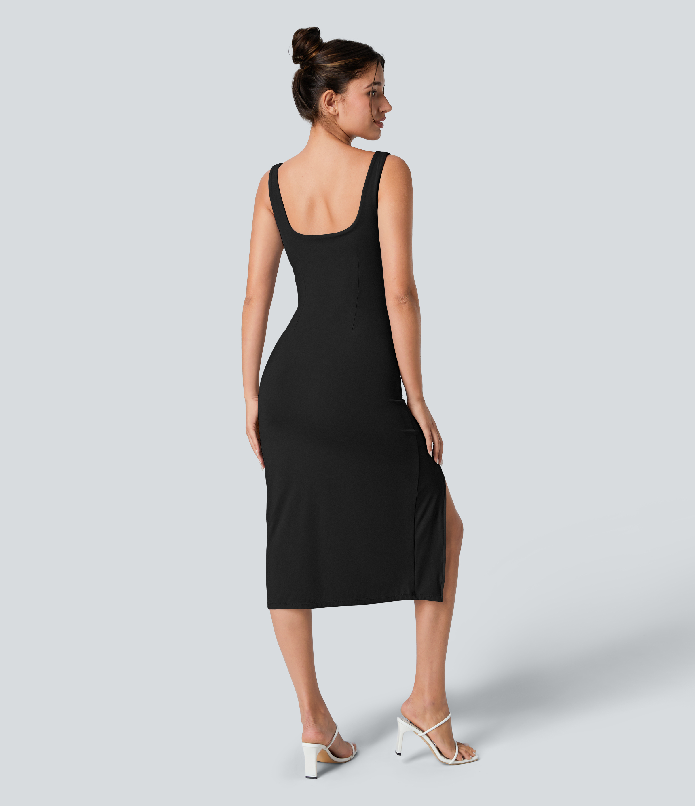 Softlyzero™ Airy Square Neck Backless Corset Ruched Split Bodycon Midi Cool Touch Bridesmaid and Wedding Guest Dress