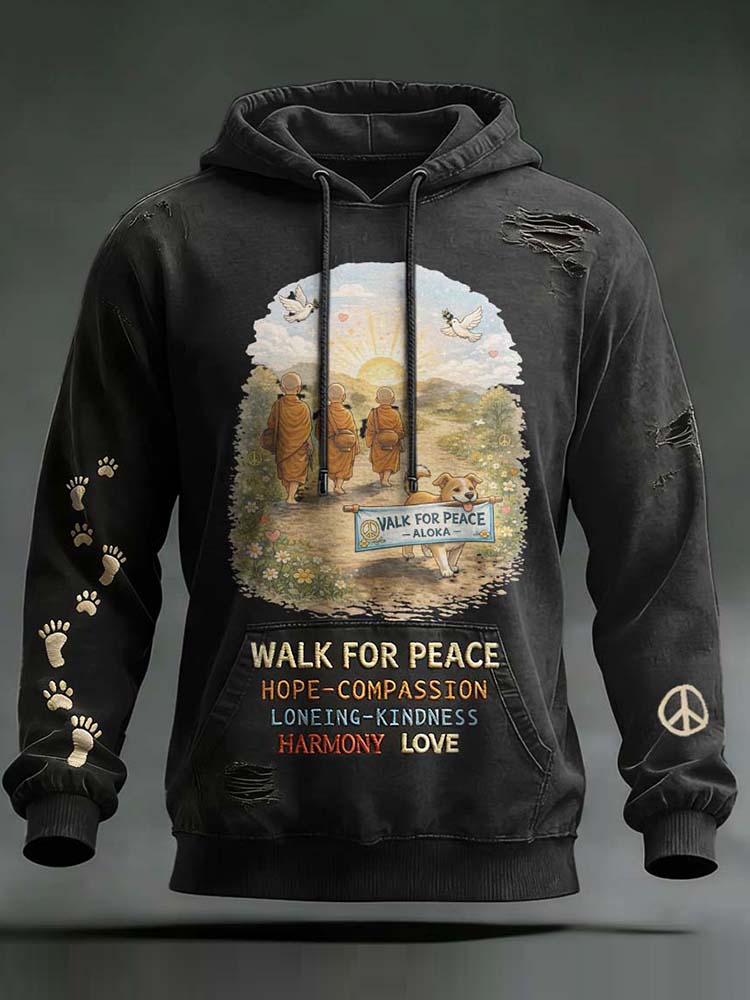 Walk For Peace Love In Every Step Artistic Print Distressed Hoodie
