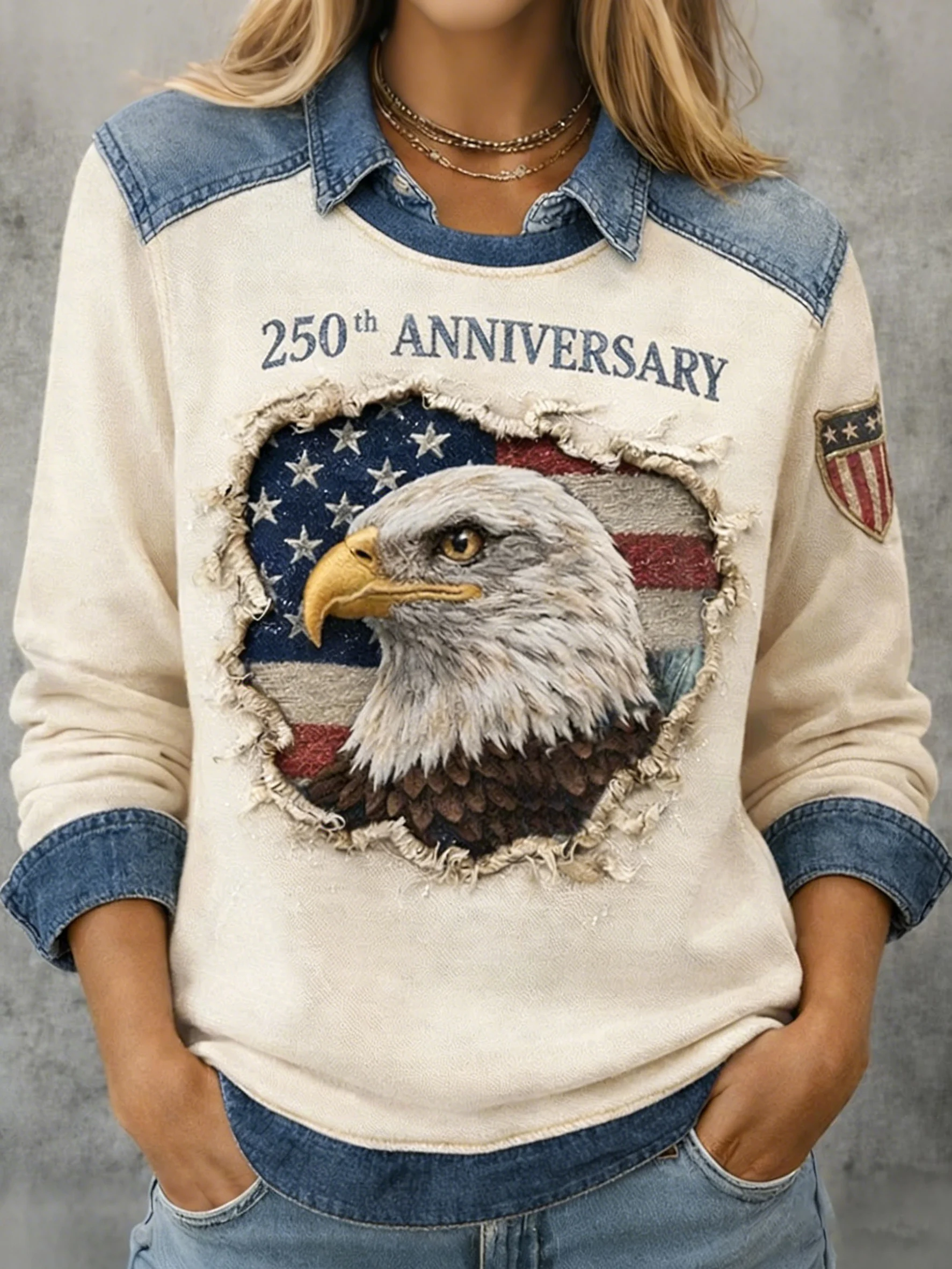 Women'S Casual American 250th Anniversary Printed Denim Patchwork Sweatshirt